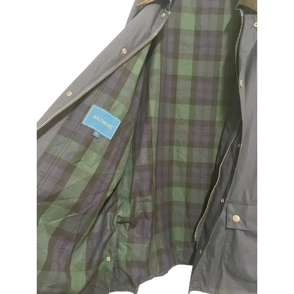 Biltmore Mens Blue Waxed Cotton Jacket Plaid Lined Size XL